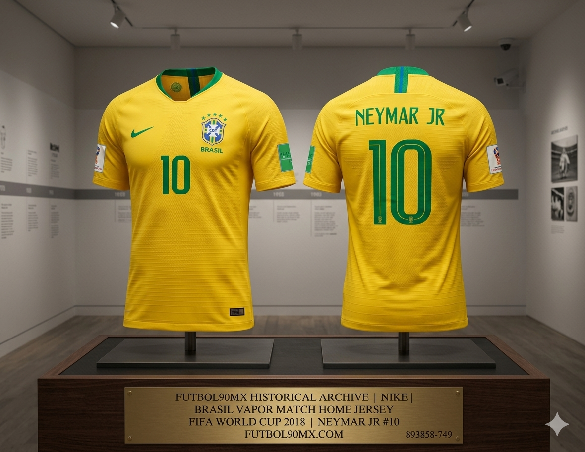 Exhibición de archivo: Jersey Nike de local de Brasil Mundial FIFA 2018, versión Vapor Match de Neymar Jr (#10), codigo 893858-749, presentada en vitrina museística con placa de autenticidad Futbol90MX.