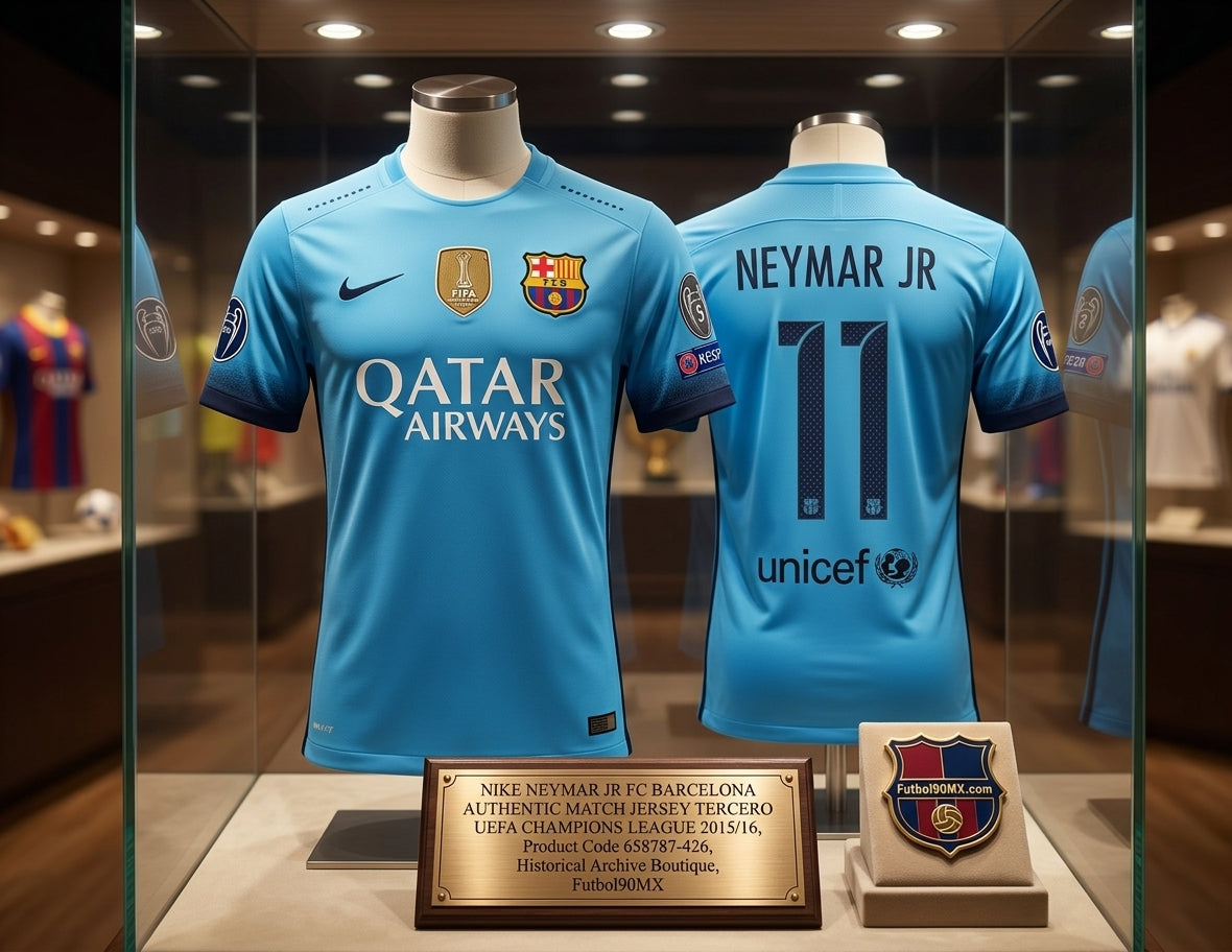 Exhibición estilo museo de la tercera equipación authentic match UEFA Champions League 2015/16 de Neymar Jr del FC Barcelona con la placa conmemorativa de la Historical Archive Boutique de Futbol90MX y el código 658787-426.