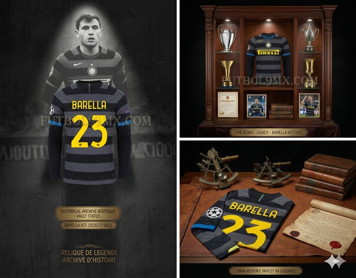 Composición de marketing de Futbol90MX mostrando la jersey de Nicolò Barella en una vitrina de archivo histórico con trofeos de la Champions League y certificado de autenticidad