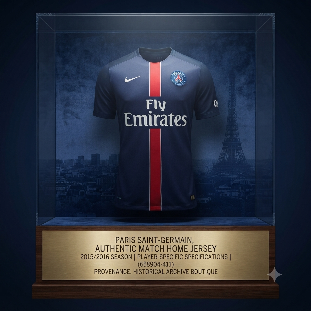 Exposición museística de archivo del jersey de local Paris Saint-Germain Authentic Match 2015/16 (código 658904-411), presentado en una vitrina con iluminación controlada sobre una base de madera y placa de identificación grabada, en Historical Archive Boutique Futbol90MX