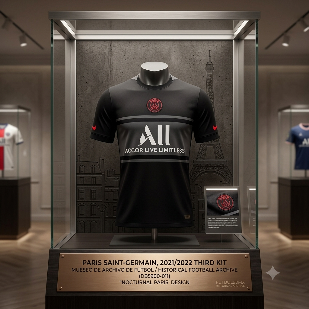 Exposición de museo del jersey Third 2021/22 del PSG, codigo DB5900-011, en una vitrina iluminada, resaltando el diseño "Nocturnal Paris" con placa grabada de la Historical Archive Boutique Futbol90MX