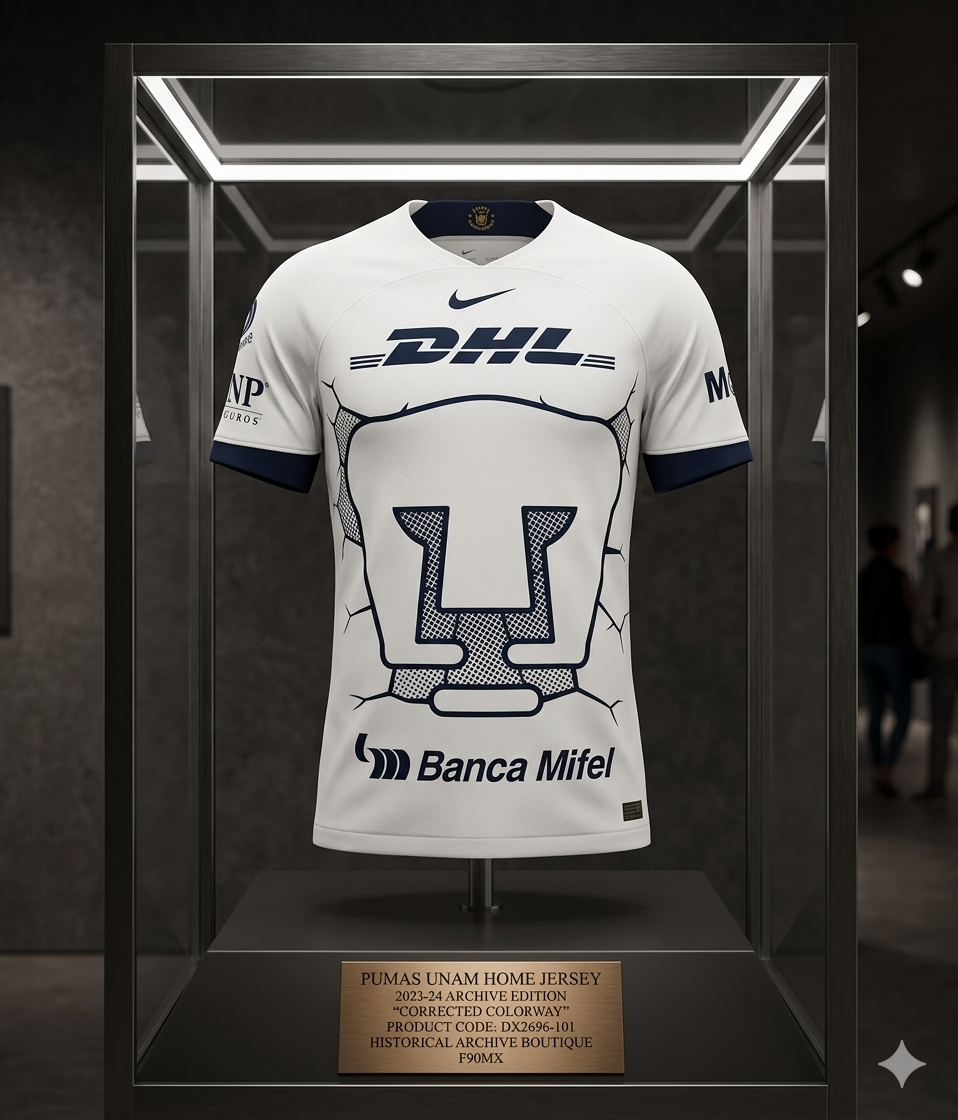 Jersey de local Nike DX2696-101 Pumas UNAM 2023-24 en blanco inmaculado con diseño 'Puma Breaking Through' en azul obsidiana. Edición de archivo histórico de Futbol90MX en vitrina de exhibición.