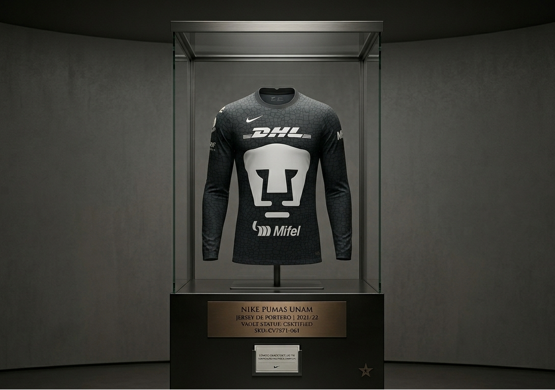 Jersey de portero Nike Pumas UNAM temporada 2021/22 en vitrina de exhibición histórica, destacando el gráfico 'Tiled' antracita y el código de autenticidad CV7871-061.