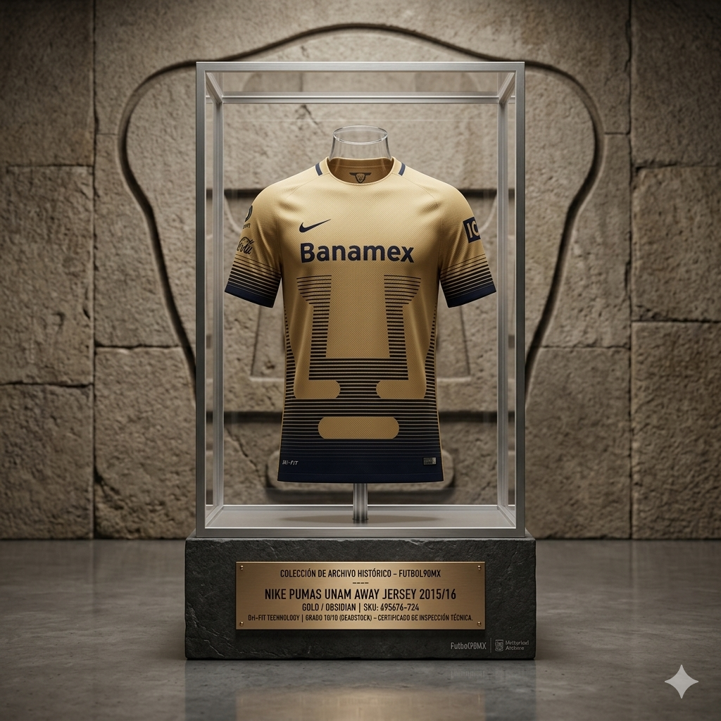 Jersey Pumas 2015/16 exhibido en vitrina de cristal sobre pedestal de piedra, resaltando su valor como pieza de archivo histórico en Futbol90MX.