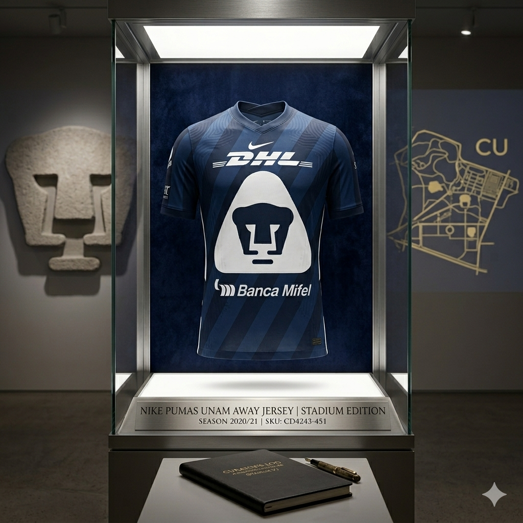 Jersey de visita Nike Pumas UNAM 2020/21 Versión Stadium exhibido en vitrina de museo con iluminación de galería y placa técnica.