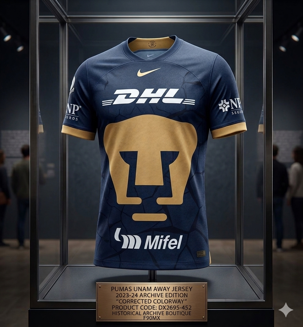Jersey de visitante Nike DX2638-407 Pumas UNAM 2023-24 en vitrina de exhibición histórica con placa técnica de Futbol90MX. Colorway Obsidian y Truly Gold con el icónico Puma central en dorado.