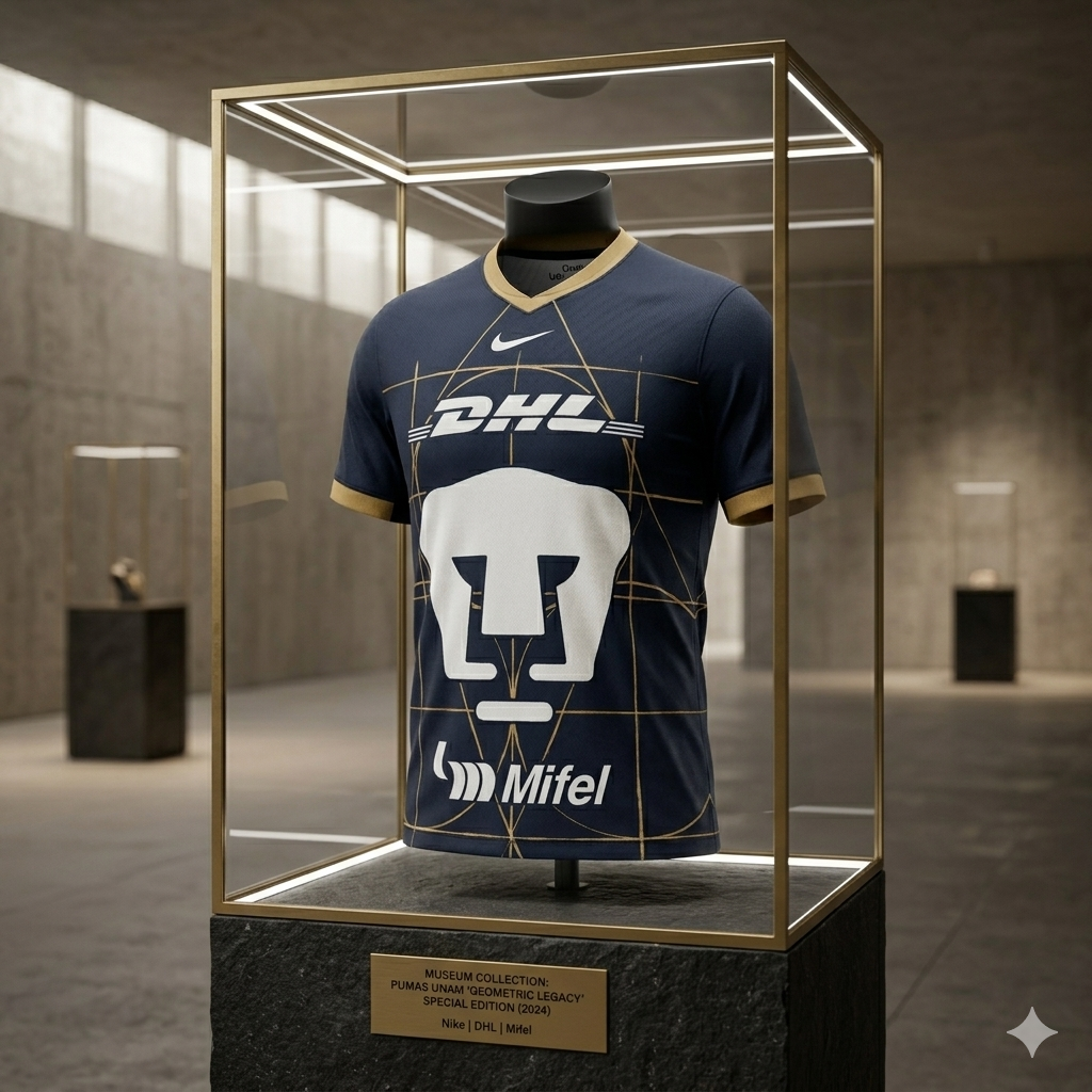 Jersey Pumas UNAM 2024/25 exhibido en vitrina de cristal sobre pedestal de piedra, presentado como pieza de colección de archivo histórico Nike FN8782-452 en Futbol90MX