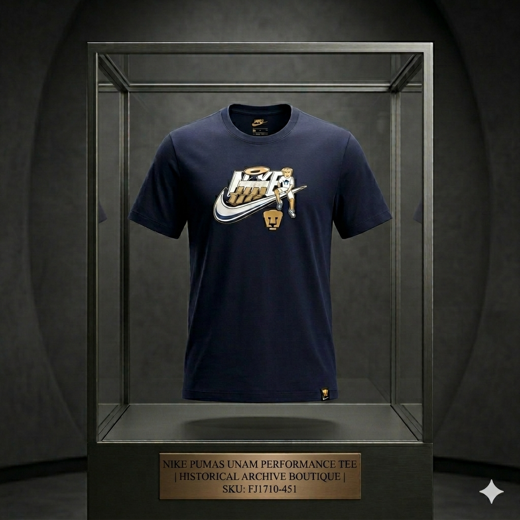 Una imagen de una camiseta Nike Pumas UNAM azul marino de alto rendimiento se exhibe dentro de una elegante vitrina moderna de vidrio y metal, al estilo de un museo. La camiseta presenta un gráfico central con el logotipo estilizado de "NIKE", una figura de dibujos animados sentada sobre el swoosh y el escudo dorado del club Pumas UNAM debajo. La vitrina se asienta sobre un pedestal oscuro con una placa rectangular dorada en la base. La placa lleva la inscripción: "NIKE PUMAS UNAM PERFORMANCE TEE | HISTORIC