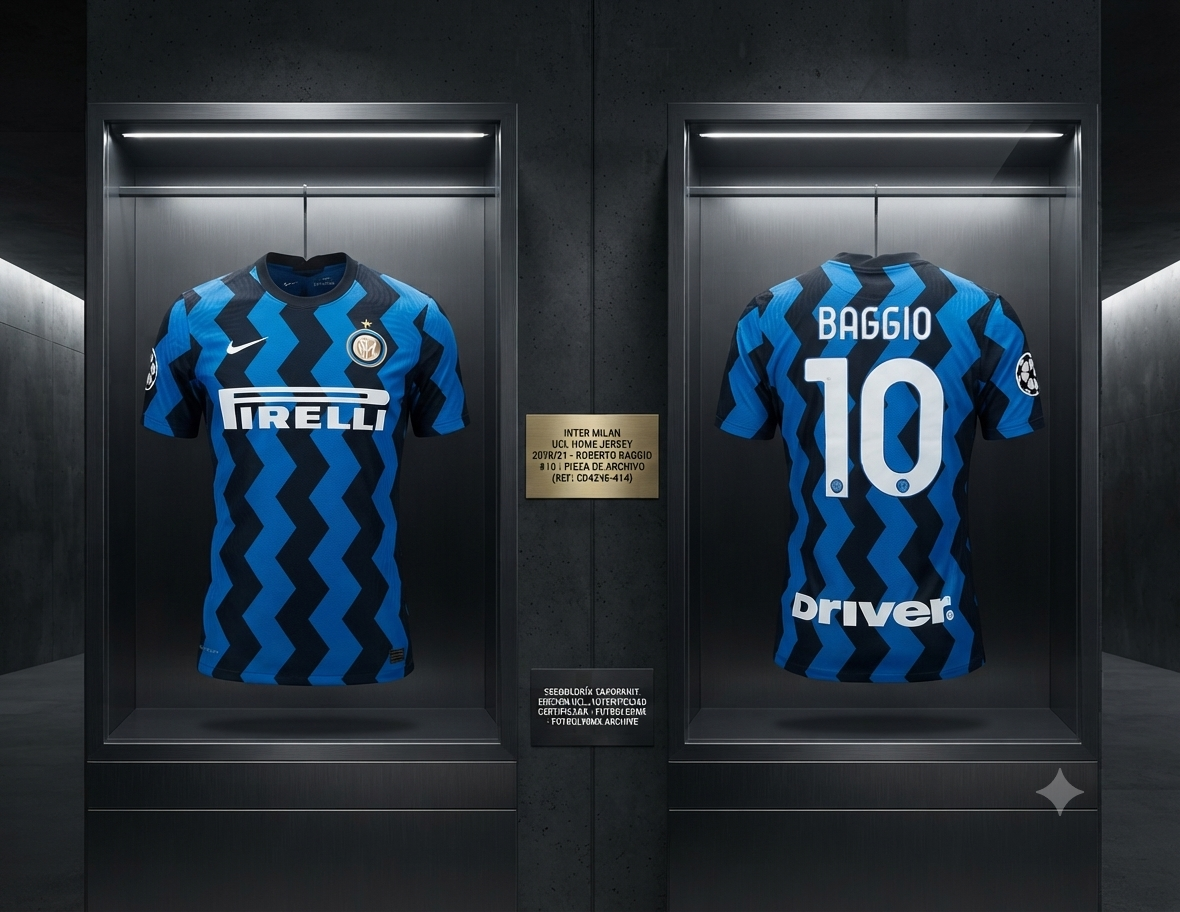 Jersey Nike de Roberto Baggio #10 del Inter de Milán UEFA Champions League 2020/21, codigo CD4240-414, presentado en una vitrina de exhibición con iluminación de museo, resaltando su valor histórico y estético como pieza de archivo en Historical Archive Boutique Futbol90MX