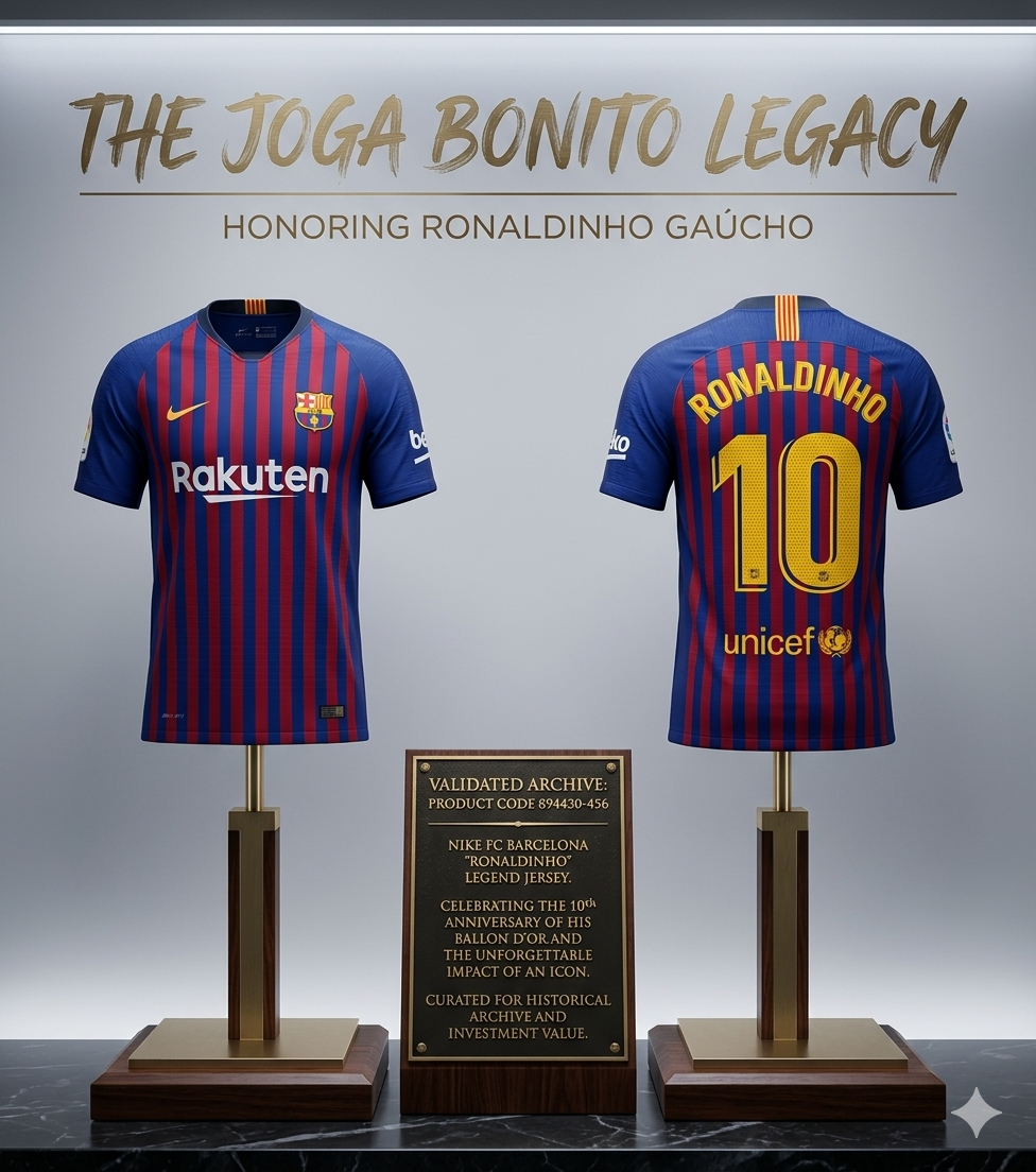 Gráfico promocional de Futbol90MX titulado 'The Joga Bonito Legacy', mostrando el jersey de Ronaldinho 2018/19 en vitrinas de museo con placa técnica y código de producto 894430-456 visible.