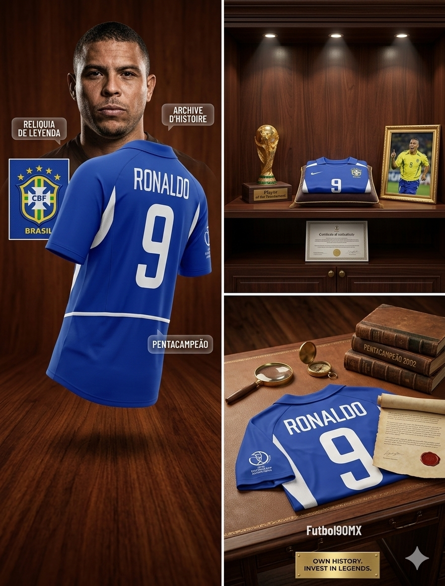 Panel de marketing de Futbol90MX mostrando el jersey de Ronaldo 2002 como activo de inversión y reliquia de leyenda del Pentacampeonato.