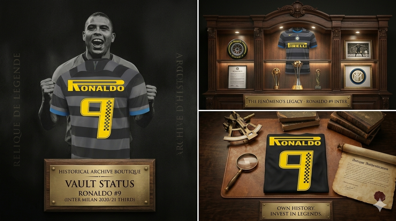 Vista de archivo de la jersey de Ronaldo #9 Inter Milan Edición Limitada Pirelli Racing doblada sobre un escritorio de cuero vintage con una lupa y el Certificado de Autenticidad Digital de Futbol90MX
