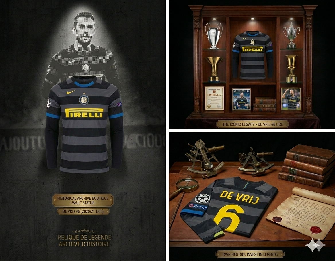 Composición de marketing de Futbol90MX mostrando la jersey de Stefan de Vrij en una vitrina de archivo histórico con trofeos de la Champions League y certificado de autenticidad