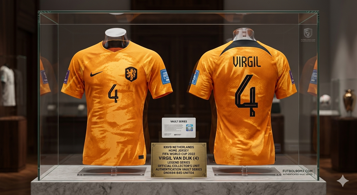 Jersey Virgil van Dijk Países Bajos 2022 (DN0694-845) exhibido en vitrina de archivo con placa de autenticidad grabada, pieza central de la Vault Series de Futbol90MX.