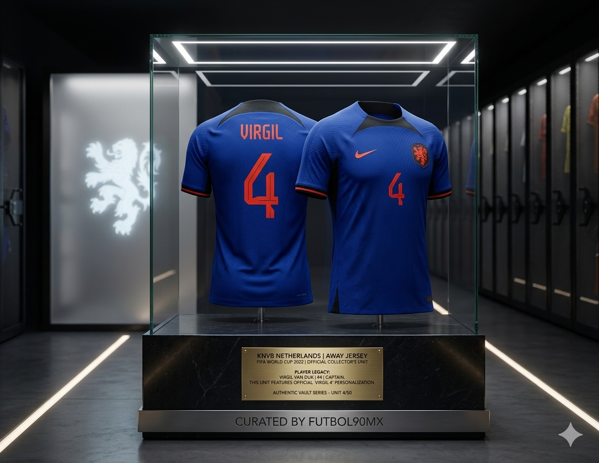 Nike Virgil van Dijk Netherlands Away Jersey 2022 en vitrina de exhibición de lujo, código DN0693-455, edición limitada de archivo de Futbol90MX.