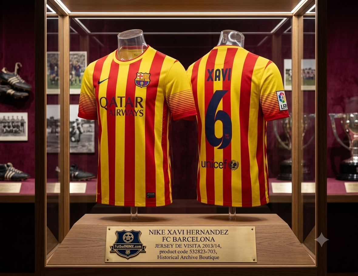 Exhibición de calidad de museo dentro de la Historical Archive Boutique de Futbol90MX con el jersey Nike FC Barcelona 2013/14 (Ref. 532823-703) de Xavi Hernández montado en un maniquí de vitrina.