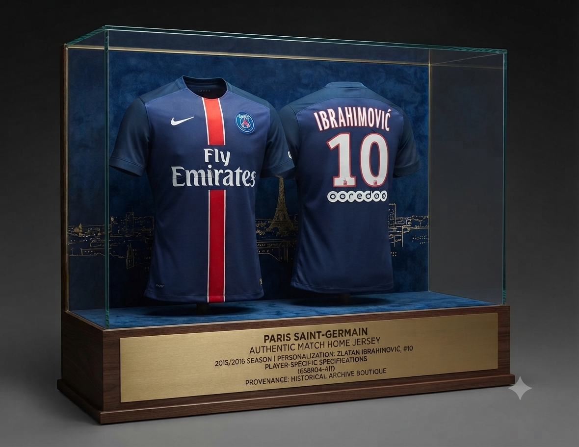 Exposición museística de archivo del jersey local PSG 2015/16, versión Authentic Match, codigo 658904-411, presentados en una vitrina con iluminación profesional, base de madera y placa grabada de la Historical Archive Boutique Futbol90MX