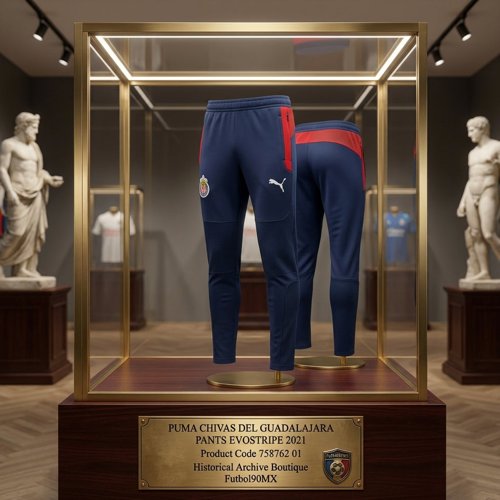 Exhibición de calidad museística de los pants Puma Evostripe Chivas del Guadalajara 2021, código 758762 01, con su placa identificativa en la Historical Archive Boutique de Futbol90MX
