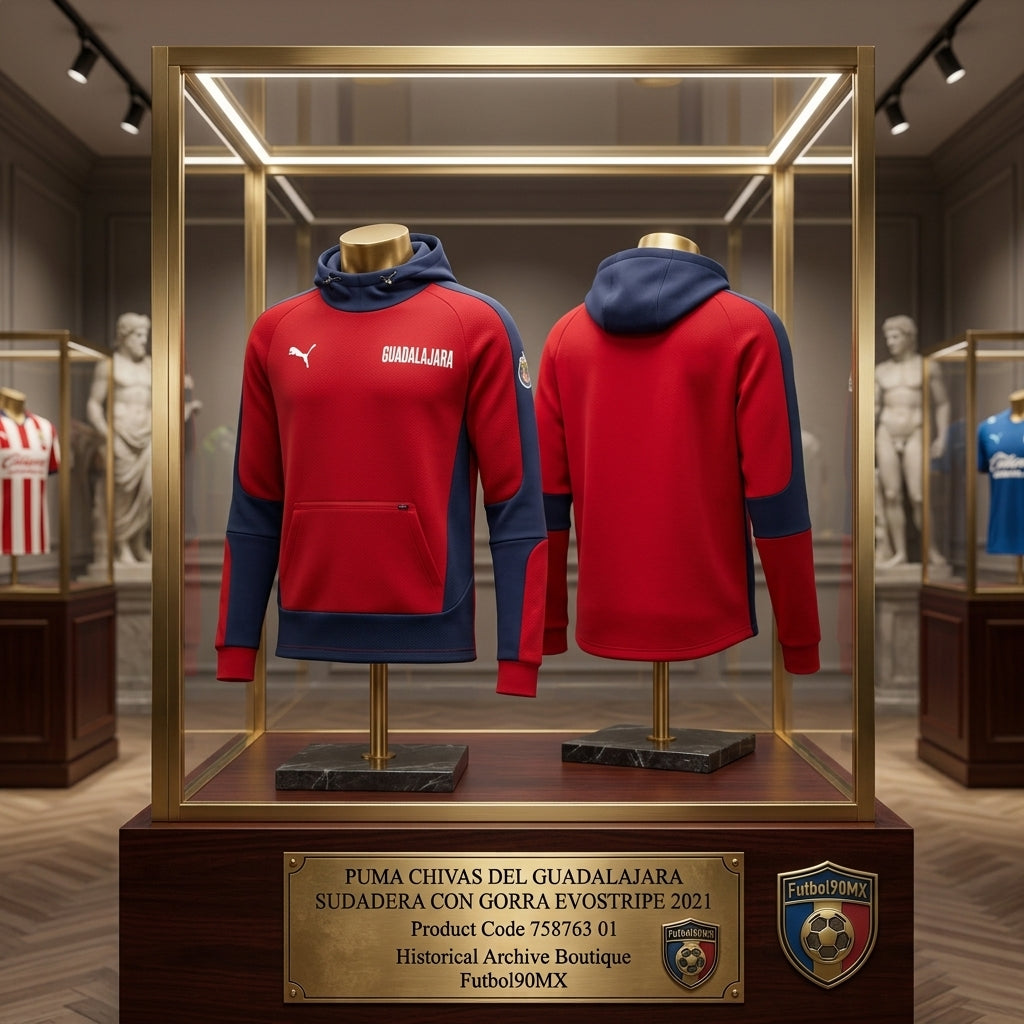 Exhibición de calidad museística de la sudadera con gorra Puma Evostripe Chivas del Guadalajara 2021, código 758763 01, con su placa identificativa en la Historical Archive Boutique de Futbol90MX