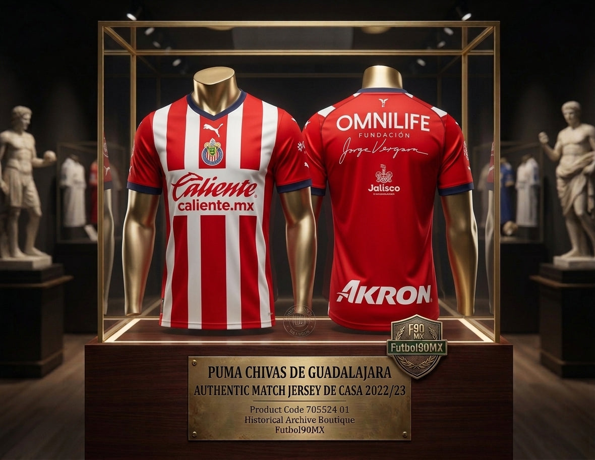 Vista de Exhibición museística de archivo de la camiseta Puma Chivas de Guadalajara Authentic Match Home 2022/23 (Ref. 705524 01) en la Historical Archive Boutique de Futbol90MX