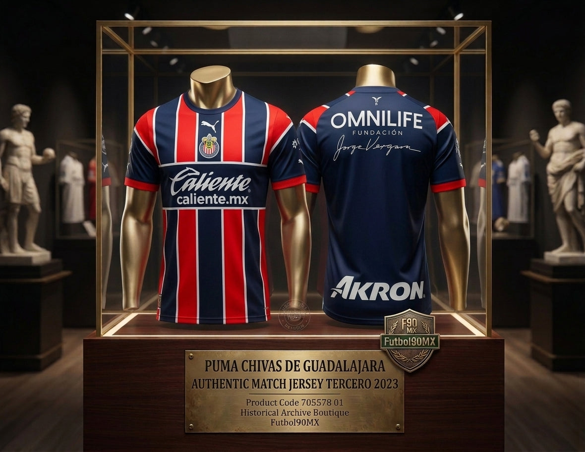 Exhibición museística de archivo de la camiseta Puma Chivas de Guadalajara Authentic Match Third Jersey 2023 (Ref. 705578 01) en la Historical Archive Boutique de Futbol90MX