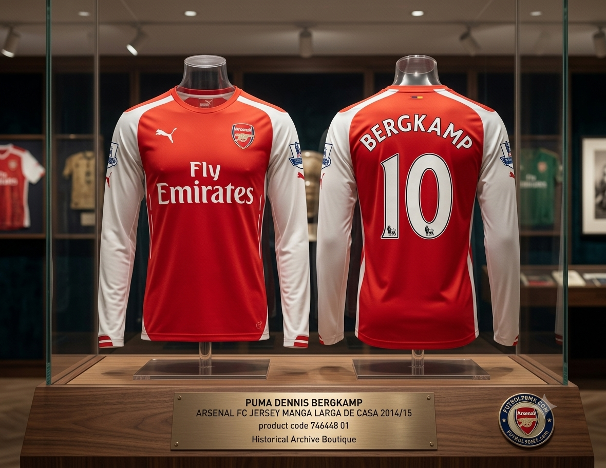 Vista de calidad de museo de una vitrina de exhibición iluminada que muestra conjuntamente el frente y el reverso del jersey Puma Arsenal 2014/15 de Dennis Bergkamp #10 (Código: 746448 01) sobre soportes en Historical Archive Boutique Futbol90MX