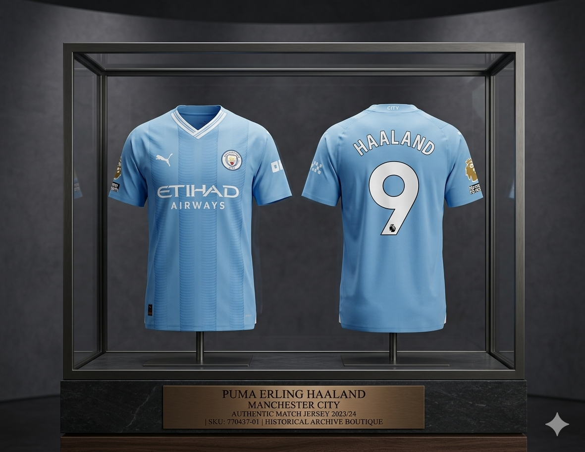 Puma 770437 01 Manchester City Authentic Match Home Jersey 23/24 de Erling Haaland exhibido en vitrina de archivo histórico con placa de identificación técnica.