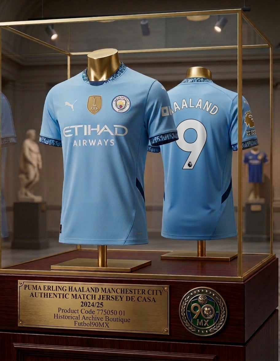 Vista de Museo de la Exhibición de archivo de la equipación Puma Erling Haaland Manchester City Authentic Match 2024/25 (Ref. 775050 01) en la Historical Archive Boutique de Futbol90MX.