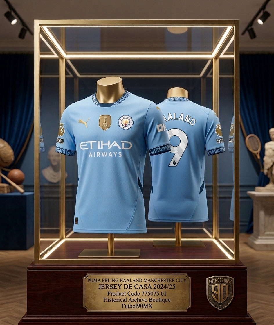 Vista del Conjunto de camiseta Puma Erling Haaland Manchester City Home 2024/25 (Ref. 775075 01) exhibido en vitrina de colección de la Historical Archive Boutique de Futbol90MX