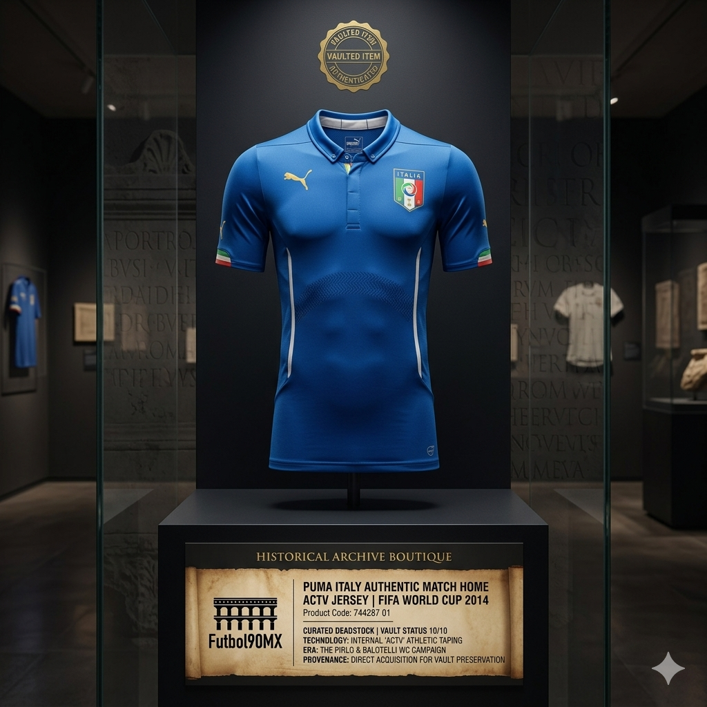 Jersey de local de Italia para el Mundial 2014, versión Puma 744287 01 Authentic Match ACTV , presentado en un montaje profesional de Historical Archive Boutique sobre fondo blanco en Futbol90MX