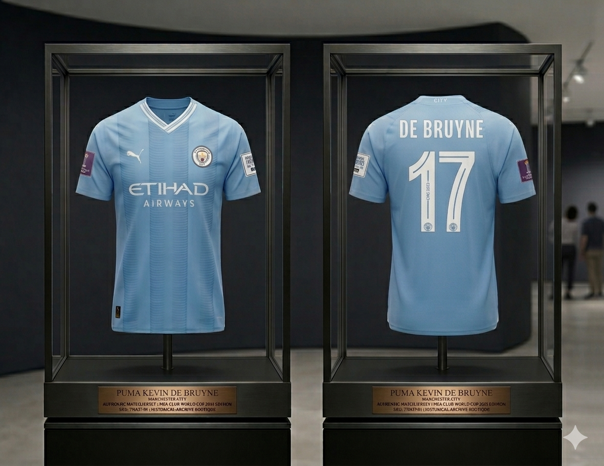 Jersey Puma Manchester City Kevin De Bruyne #17 versión Authentic Match FIFA Club World Cup 2023 presentado en vitrina de exhibición de archivo Puma 770437 01