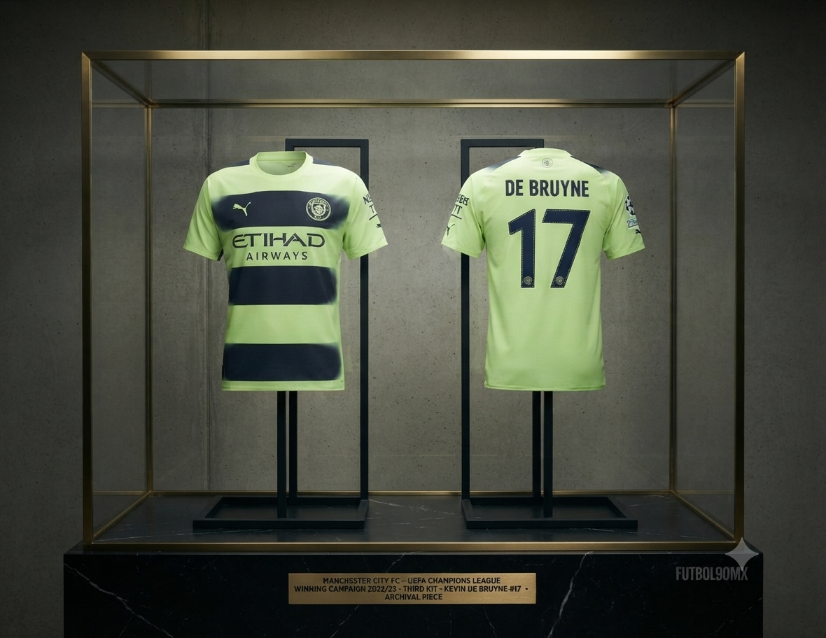 Jersey oficial PUMA de tercera equipación de Kevin De Bruyne, Manchester City UEFA Champions League 2022/23, presentado en exhibición de Historical Archive Boutique, código 765734 03 en Futbol90MX