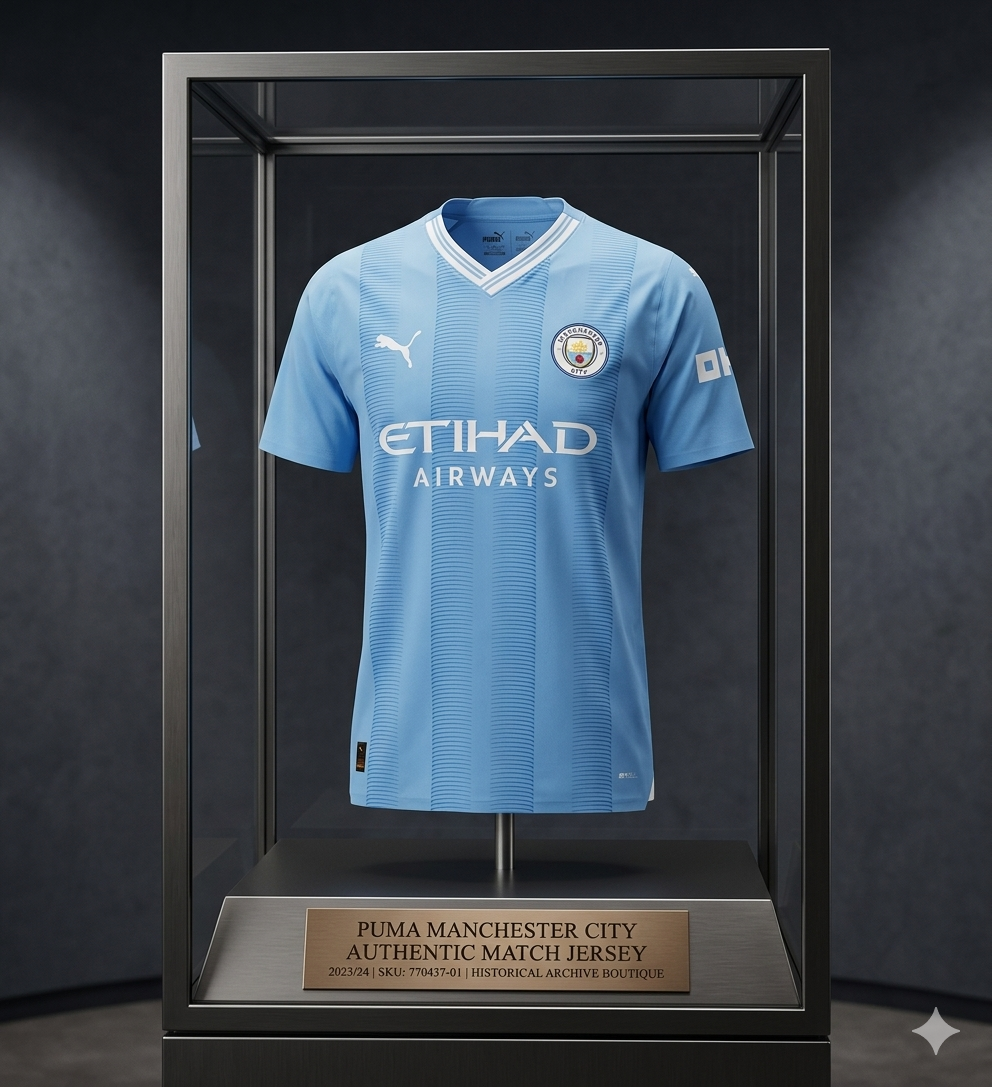 Jersey del Manchester City 23/24 presentado en vitrina de museo, subrayando su valor como pieza de archivo histórico Puma 770437 01