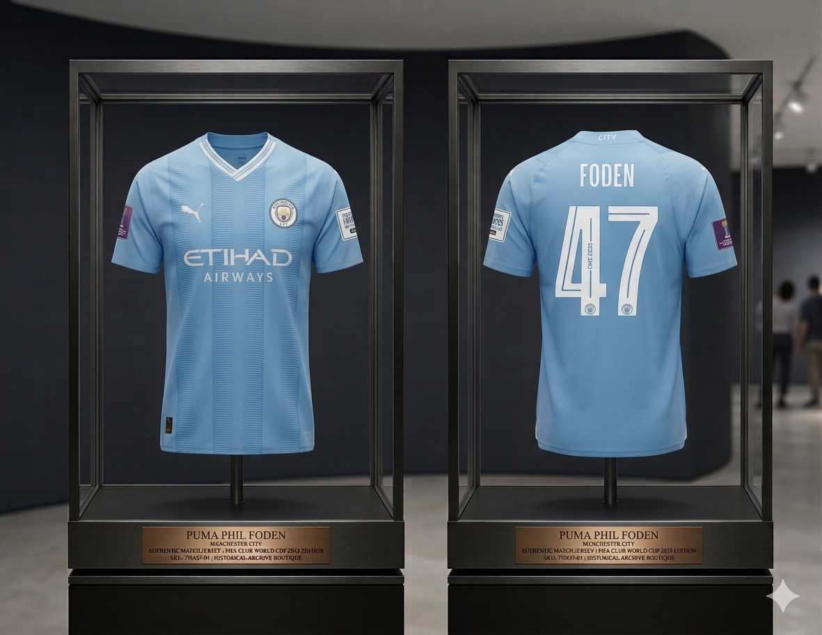 Puma Phil Foden Manchester City Authentic Match Home Jersey 23/24 exhibido en vitrina de archivo histórico con placa técnica conmemorativa del Mundial de Clubes Puma 770437 01