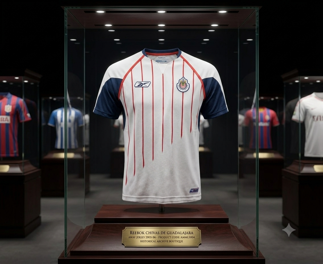 Fotografía con calidad de museo de la vitrina de archivo que exhibe el jersey de visitante Reebok de Chivas 2005/06 (AMML5004), con iluminación cenital y una placa descriptiva de latón, en Historical Archive Boutique Futbol90MX