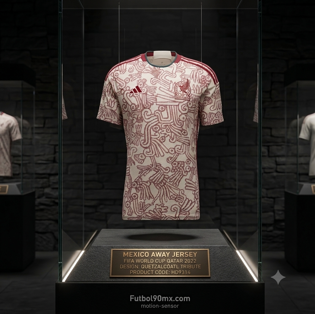 Jersey Adidas de visitante de la Selección Mexicana Mundial 2022 exhibido en vitrina de museo, con placa conmemorativa que detalla la inspiración en Quetzalcóatl y el código de producto oficial HD9314, pieza de archivo Futbol90MX.
