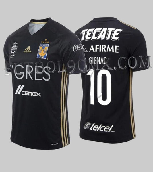 Vista frontal y posterior del jersey third Adidas Tigres UANL 2017 de André-Pierre Gignac (código B49159) en color negro con detalles dorados y patrocinadores oficiales, disponible en Futbol90MX
