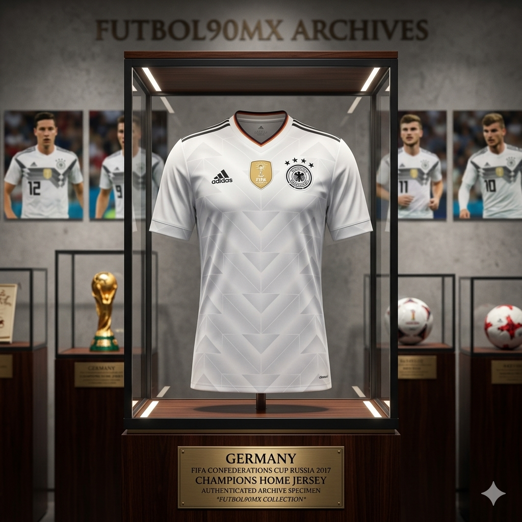 Jersey Adidas Alemania Local Copa Confederaciones Rusia 2017 en vitrina de exhibición de museo histórico con placa de bóveda y trofeo, en Futbol90MX, codigo B47873
