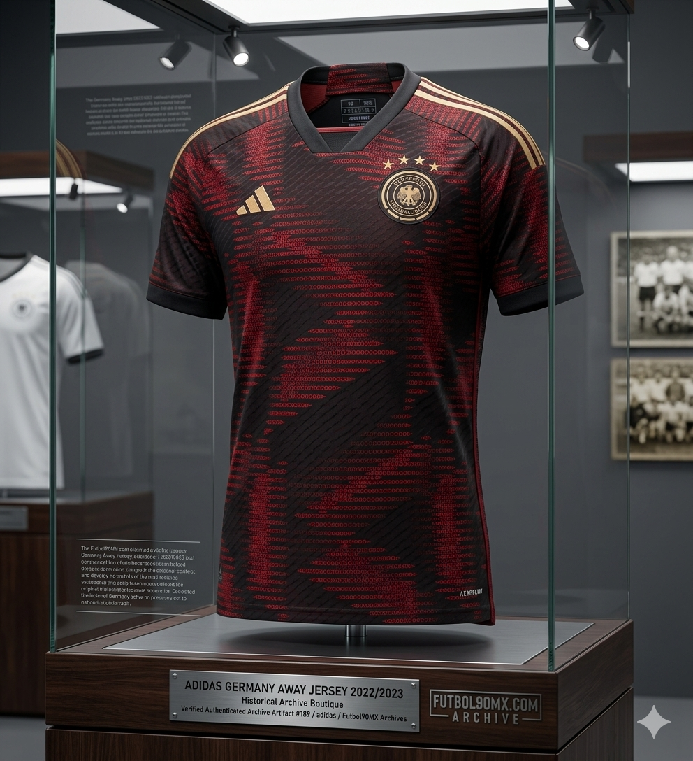 Jersey de visitante Adidas Alemania Qatar 2022 exhibido dentro de una vitrina de cristal premium en la galería de archivo Futbol90MX, codigo HJ9604