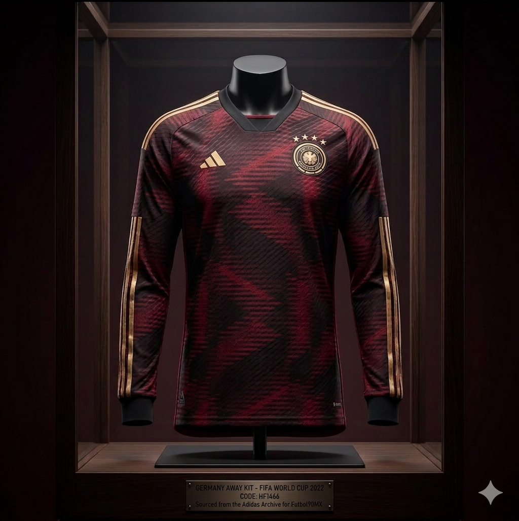 Jersey Adidas de manga larga de visitante de Alemania (HF1466) para la Copa Mundial de la FIFA 2022, presentado en una vitrina de exhibición de archivo con iluminación sofisticada y una placa grabada de Futbol90MX.