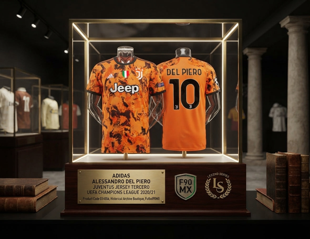 Vista de Exhibición de archivo museográfica de la camiseta Adidas Alessandro Del Piero Juventus Tercera UEFA Champions League 2020/21 (Ref. GE4856) con placa e insignia en la Historical Archive Boutique de Futbol90MX