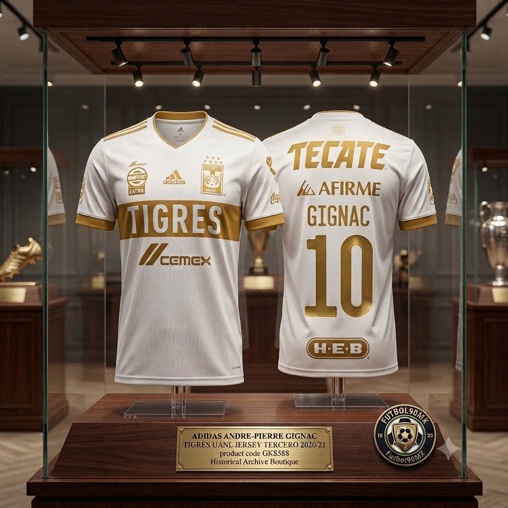 Fotografía con calidad de museo de la vitrina de archivo que exhibe simultáneamente la parte frontal y posterior del jersey Adidas de André-Pierre Gignac para Tigres UANL, codigo GK8588, con iluminación cenital y una placa descriptiva de latón en Historical Archive Boutique Futbol90MX