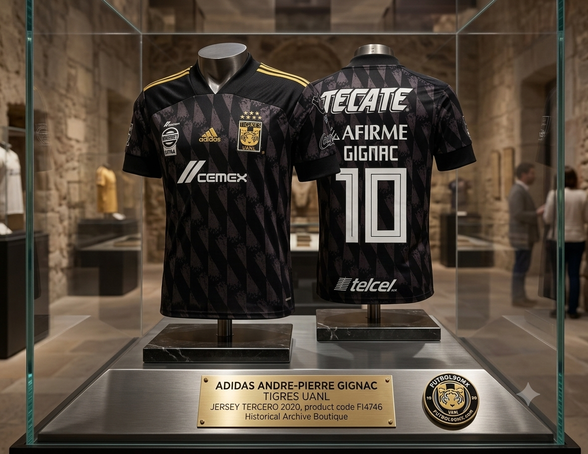 Imagen de marketing estilo museo en Futbol90MX mostrando el jersey third Adidas Tigres UANL 2020 de André-Pierre Gignac (código FI4746) en exhibición de vitrina en Historical Archive Boutique.