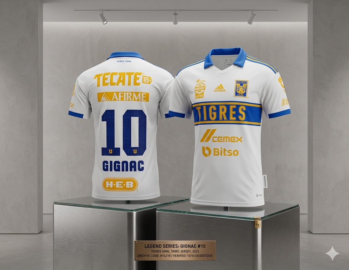 Exhibición de archivo del Jersey GIGNAC #10 de Tigres 2023 sobre pedestales de acero en galería moderna. Legend Series: Vault Status, pieza verificada por Futbol90MX con codigo Adidas HT4210