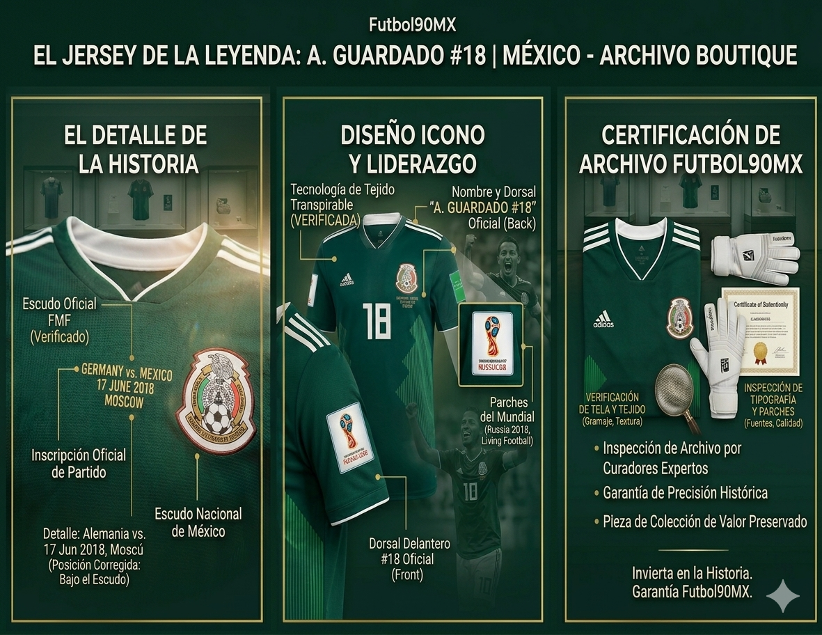 Infografía de Futbol90MX con la Garantía de Historical Archive Boutique y certificación técnica de autenticidad para el jersey de Andrés Guardado.