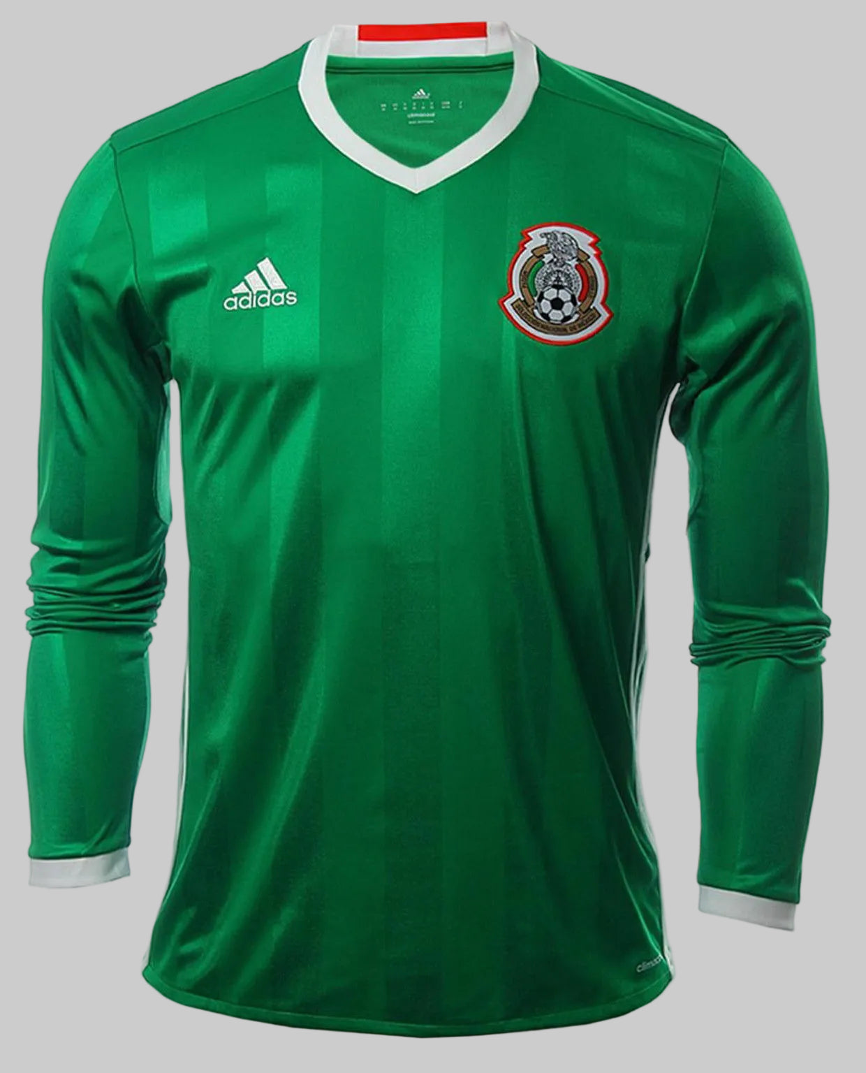 Jersey de local Selección Mexicana 2016 versión manga larga, diseño de franjas verdes con escudo de la FMF en alta densidad