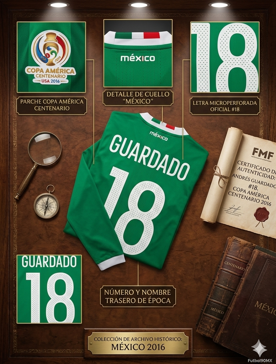 Certificado de autenticidad y especificaciones de activo histórico para el jersey México 2016 Guardado #18 en Futbol90MX