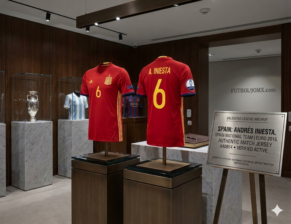 Imagen de marketing de Futbol90MX que muestra el jersey de Iniesta en un entorno de galería con pedestales de mármol y vitrinas de cristal para activos de inversión Adidas AA0854