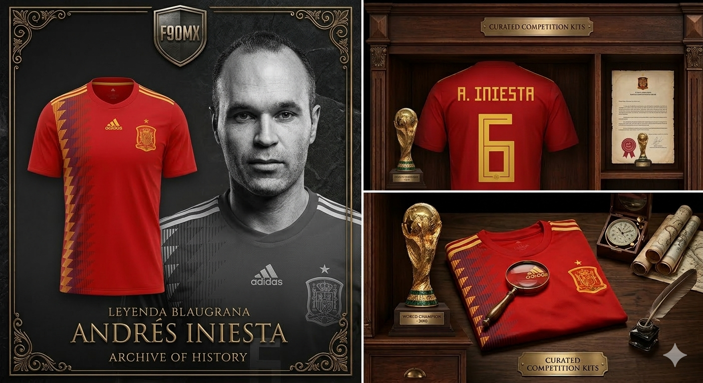 Composición de marketing de 3 paneles estilo museo para el jersey Adidas de Andrés Iniesta España 2018. El panel izquierdo muestra un retrato cinematográfico de Iniesta con el uniforme local; el panel superior derecho presenta una vitrina de madera con la dorsal A. INIESTA #6 y documentos de archivo; el panel inferior derecho exhibe un bodegón curado con el jersey plegado, una lupa de latón, un sextante y mapas antiguos, resaltando el estatus de pieza de colección histórica y elegante en Futbol90MX.