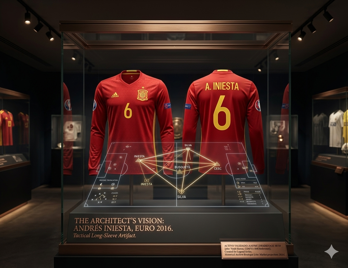 Imagen de marketing de Futbol90MX que muestra el jersey de Iniesta en una vitrina de museo con una proyección táctica de sus circuitos de pases en la Euro 2016.